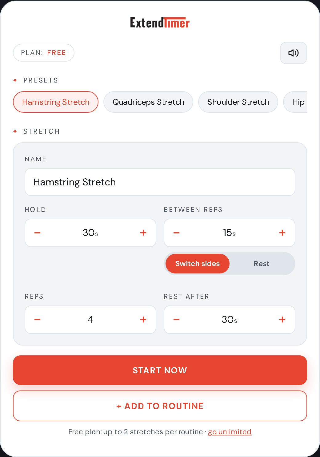 ExtendTimer stretch timer setup screen: hold time, switch sides or rest toggle, reps and rest-after fields for a hamstring stretch